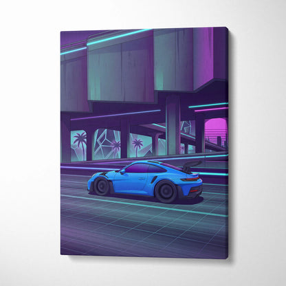 Porsche 911 GT3RS Inspired, Neon Vaporwave City Drive - Neon Purple Blue Living Room Canvas Neon Mood Retro Futuristic Art