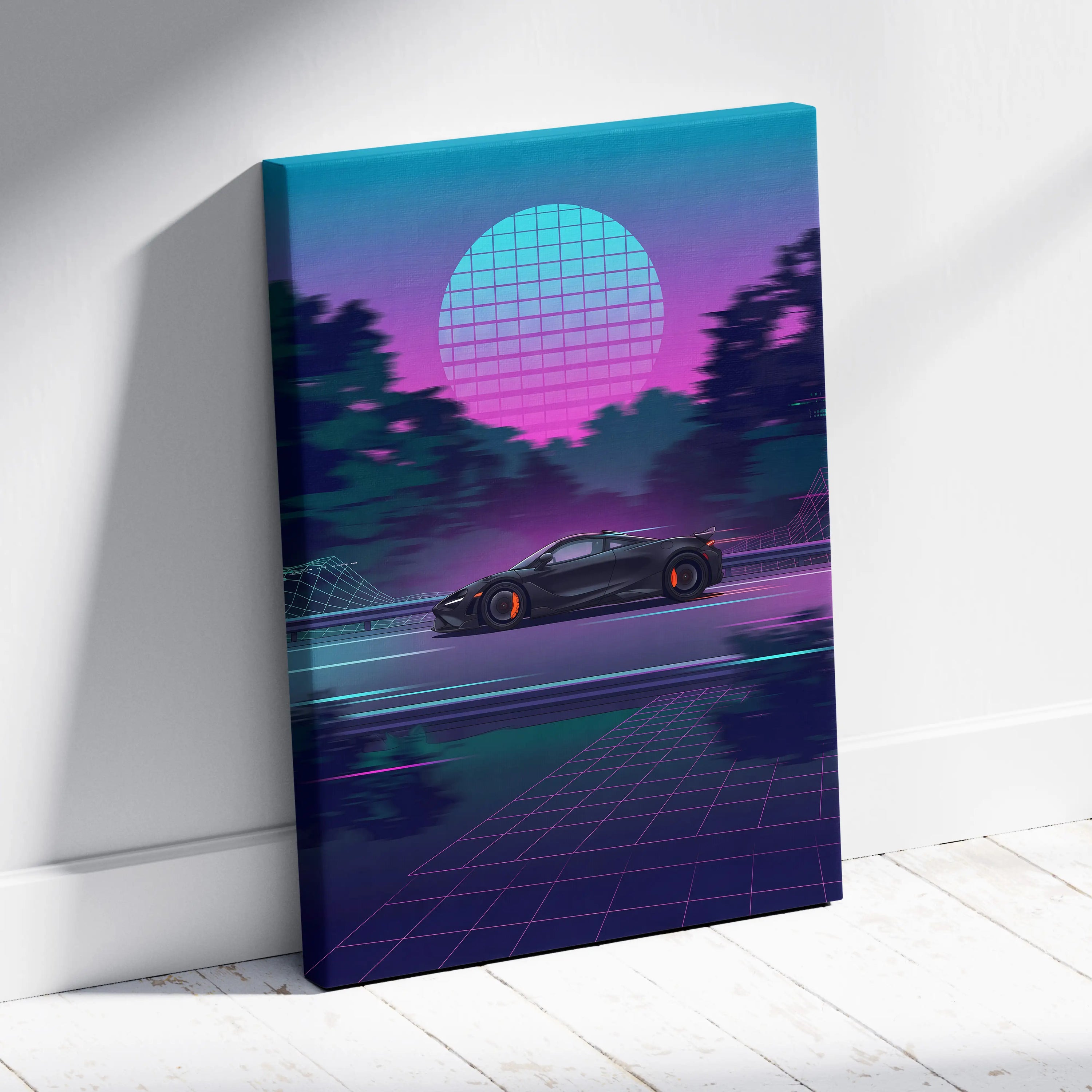 McLaren 765LT Neon Vaporwave Sunset Canvas - Vaporwave Car Art Neon Pink Teal Nostalgic Mood Synthwave Decor