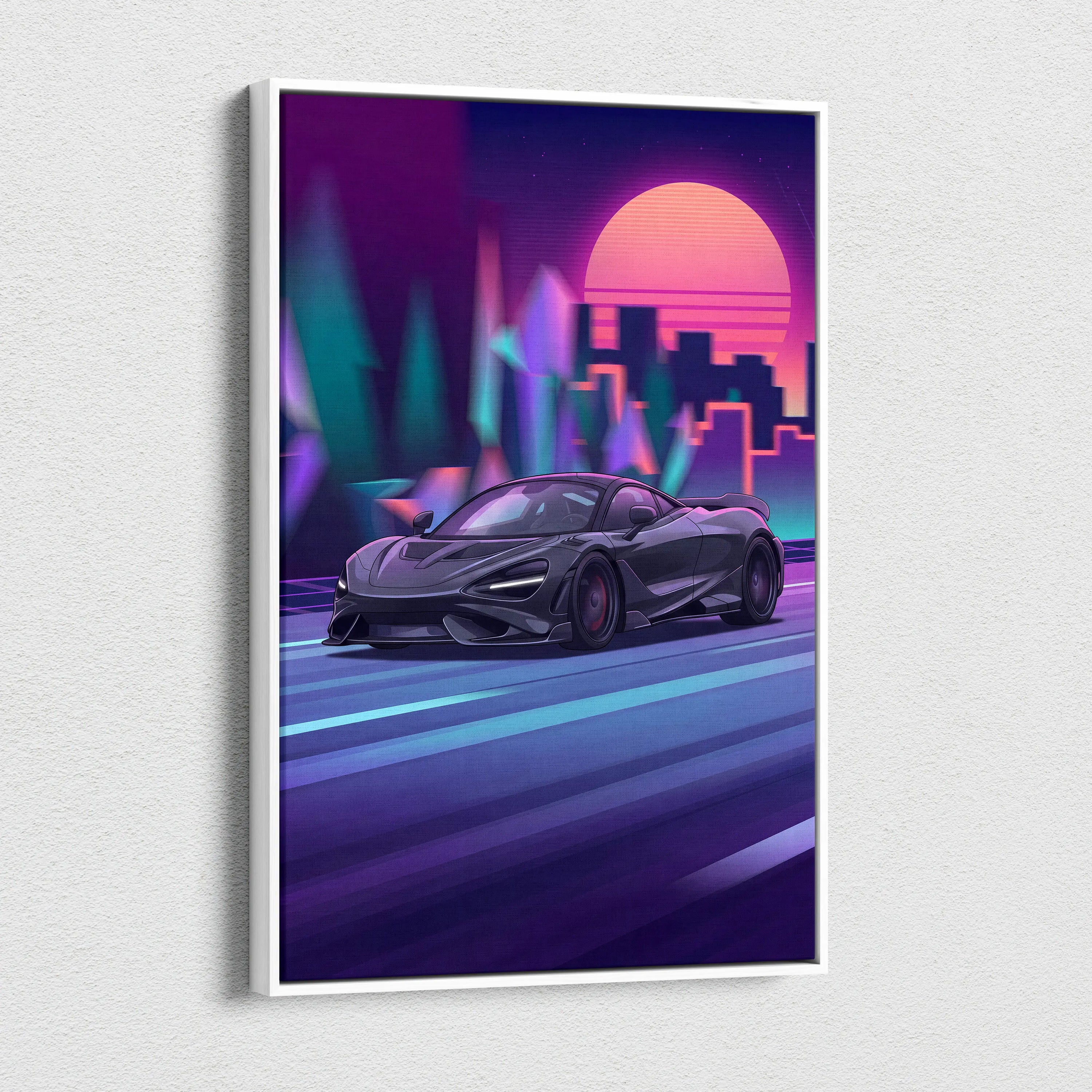 McLaren 765LT Inspired Vaporwave Neon City Canvas- Car Art Pink Teal Living Room- Nostalgic Mood, Cyberpunk Decor Canvas
