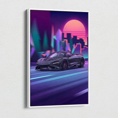 McLaren 765LT Inspired Vaporwave Neon City Canvas- Car Art Pink Teal Living Room- Nostalgic Mood, Cyberpunk Decor Canvas