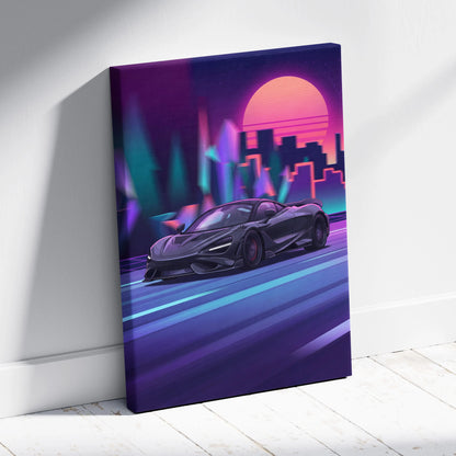 McLaren 765LT Inspired Vaporwave Neon City Canvas- Car Art Pink Teal Living Room- Nostalgic Mood, Cyberpunk Decor Canvas