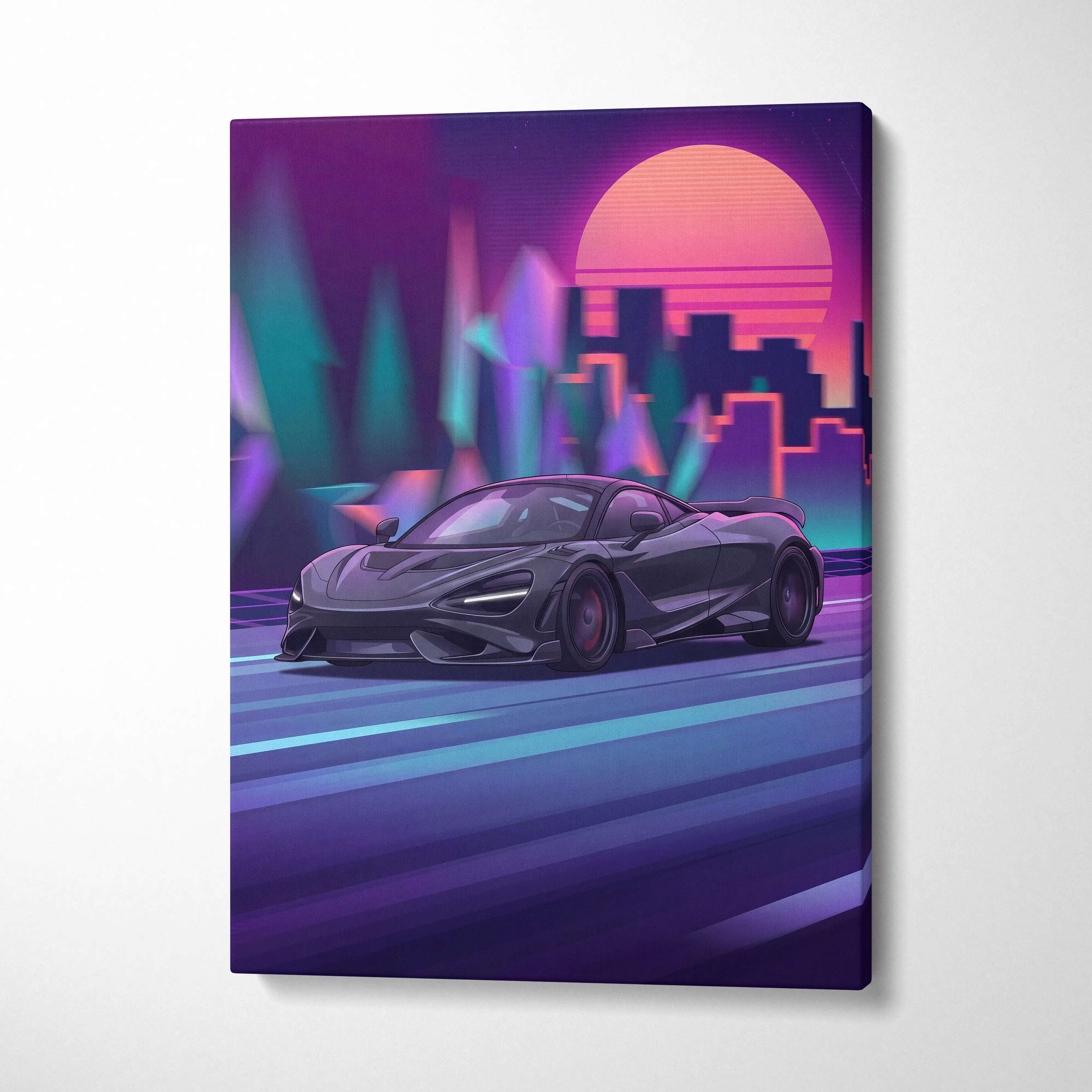 McLaren 765LT Inspired Vaporwave Neon City Canvas- Car Art Pink Teal Living Room- Nostalgic Mood, Cyberpunk Decor Canvas