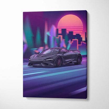 McLaren 765LT Inspired Vaporwave Neon City Canvas- Car Art Pink Teal Living Room- Nostalgic Mood, Cyberpunk Decor Canvas