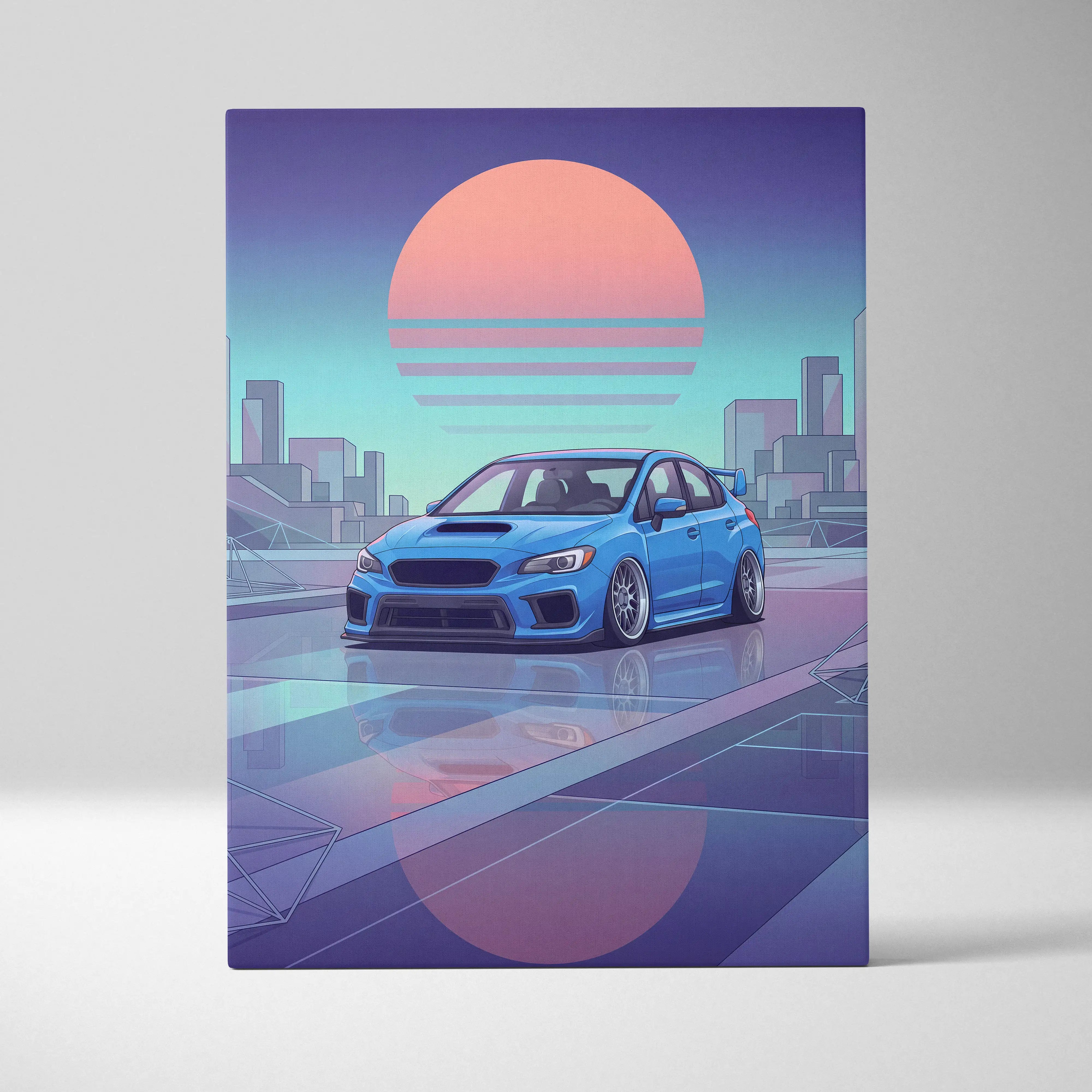 Vibrant blue subaru wrx sports car in a neon vaporwave cityscape canvas with retro futurism for living room decor