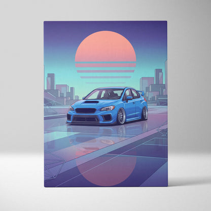 Subaru WRX STI Inspired Neon Vaporwave City Canvas - Car Artwork Neon Pink Cyan Purple, Living Room Decor, Retro Futurism