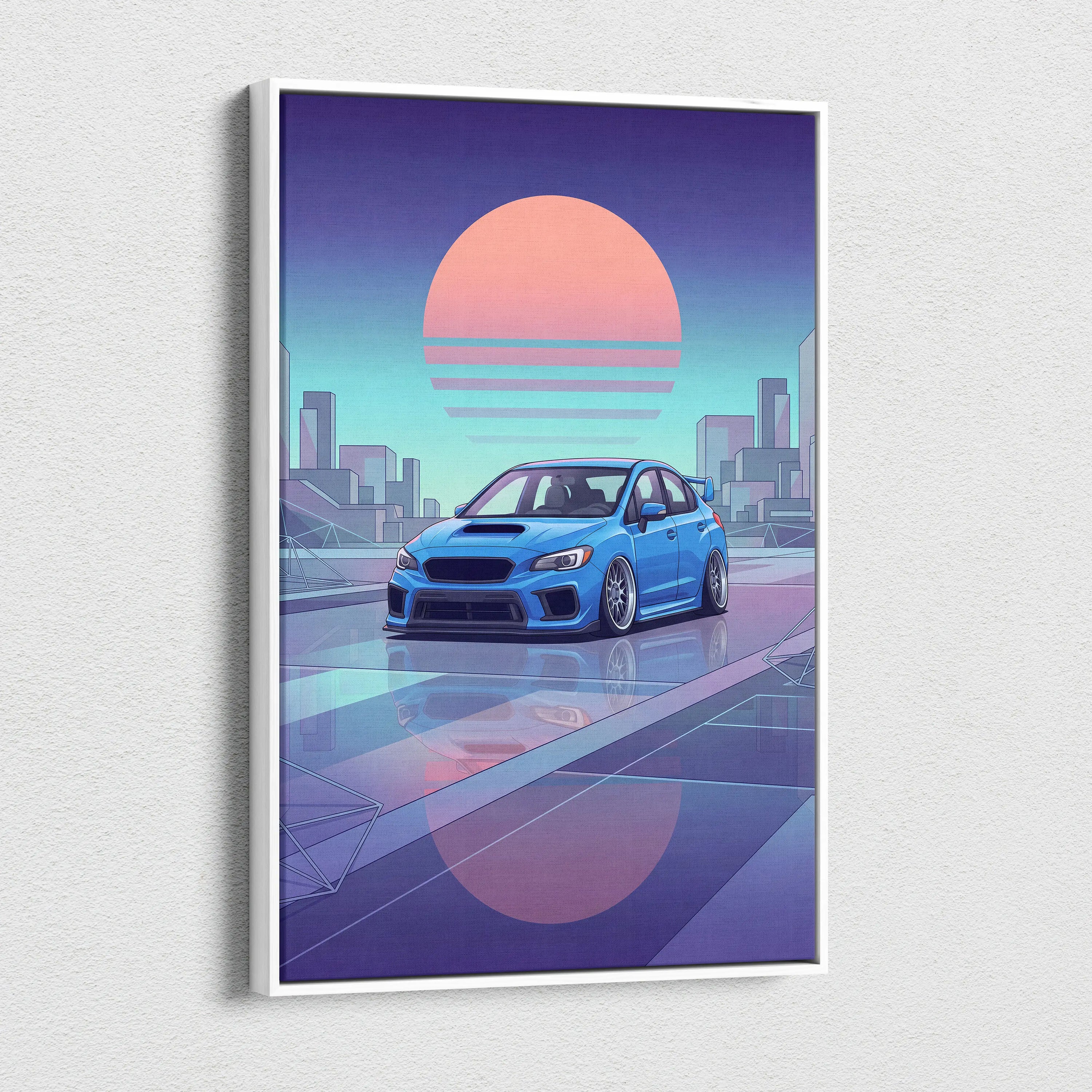 Subaru WRX STI Inspired Neon Vaporwave City Canvas - Car Artwork Neon Pink Cyan Purple, Living Room Decor, Retro Futurism