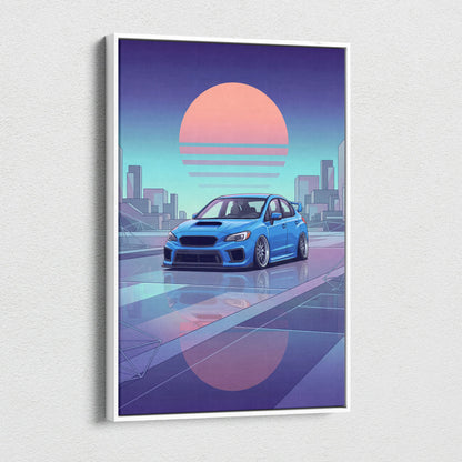 Subaru WRX STI Inspired Neon Vaporwave City Canvas - Car Artwork Neon Pink Cyan Purple, Living Room Decor, Retro Futurism