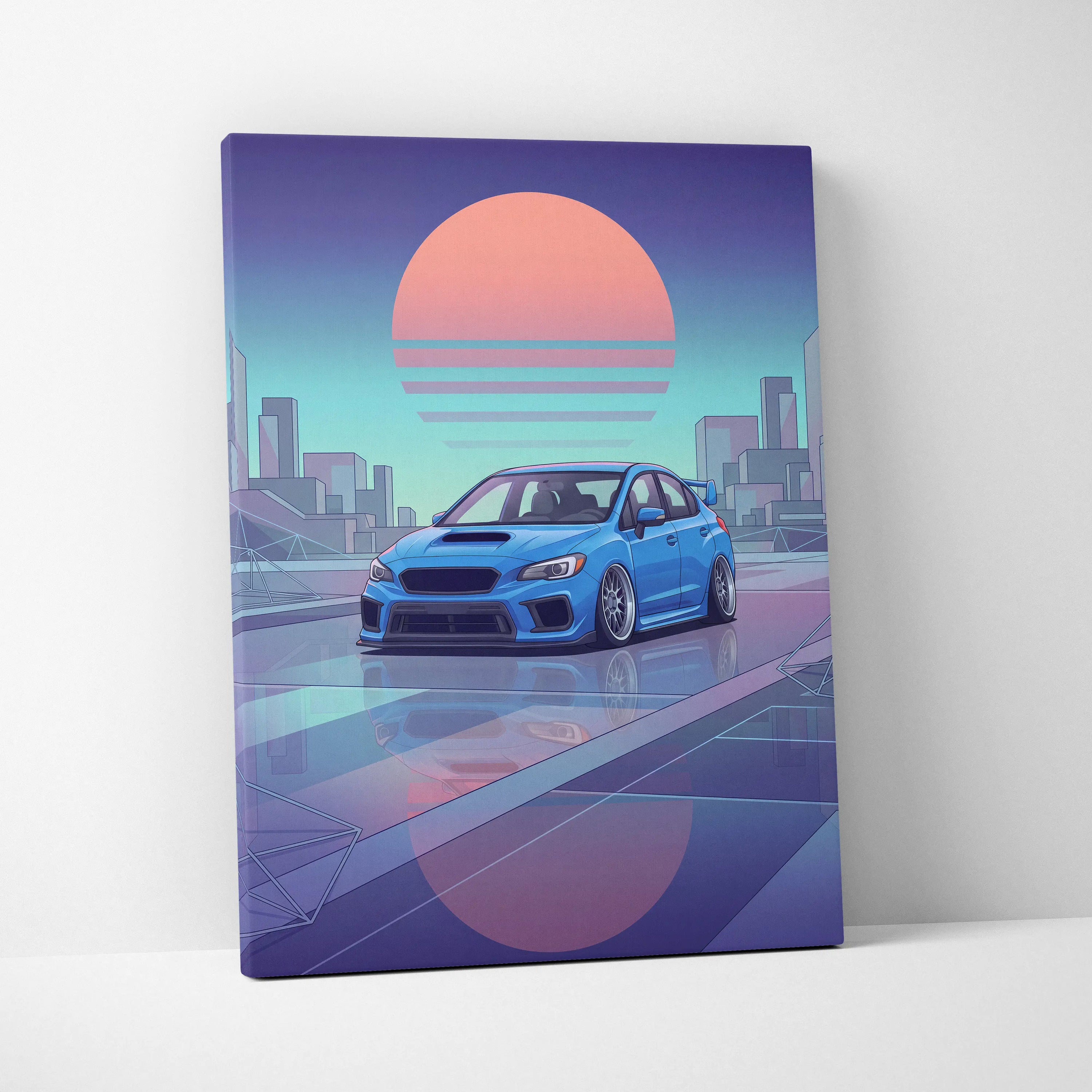 Subaru WRX STI Inspired Neon Vaporwave City Canvas - Car Artwork Neon Pink Cyan Purple, Living Room Decor, Retro Futurism