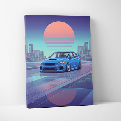 Subaru WRX STI Inspired Neon Vaporwave City Canvas - Car Artwork Neon Pink Cyan Purple, Living Room Decor, Retro Futurism