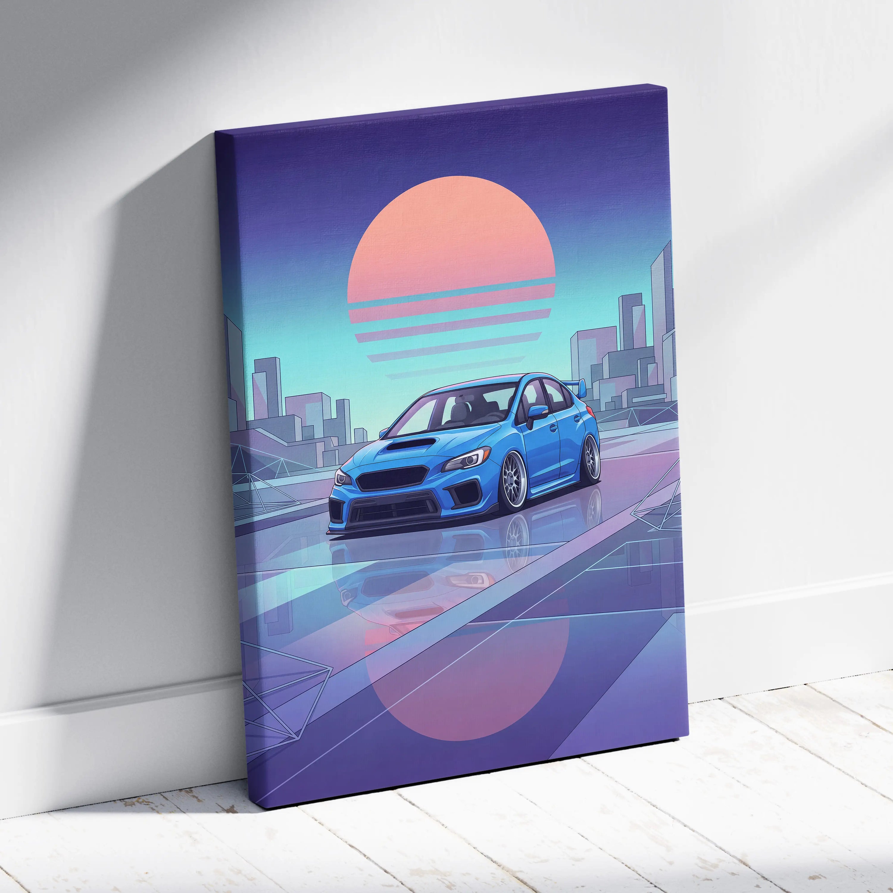 Subaru WRX STI Inspired Neon Vaporwave City Canvas - Car Artwork Neon Pink Cyan Purple, Living Room Decor, Retro Futurism