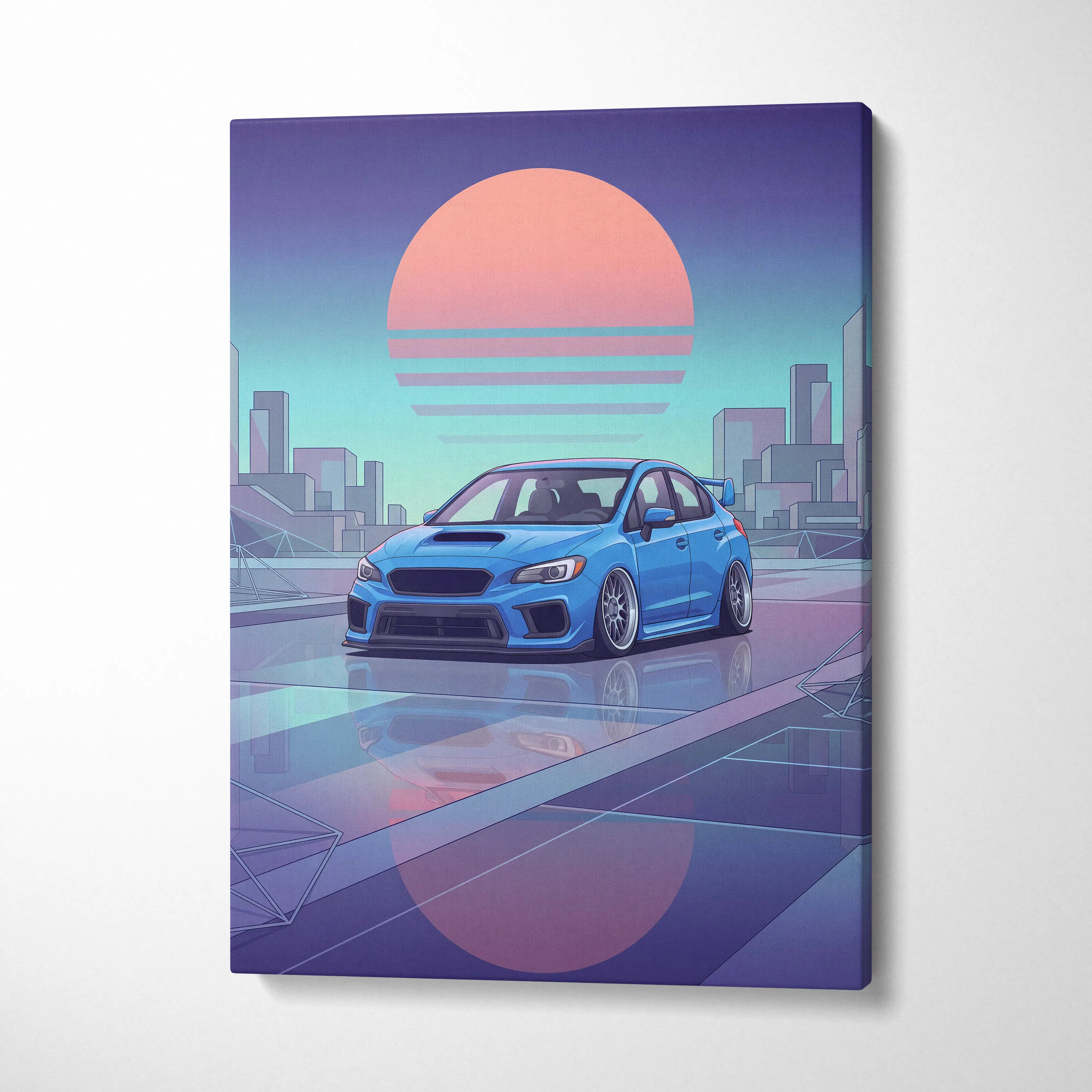 Subaru WRX STI Inspired Neon Vaporwave City Canvas - Car Artwork Neon Pink Cyan Purple, Living Room Decor, Retro Futurism