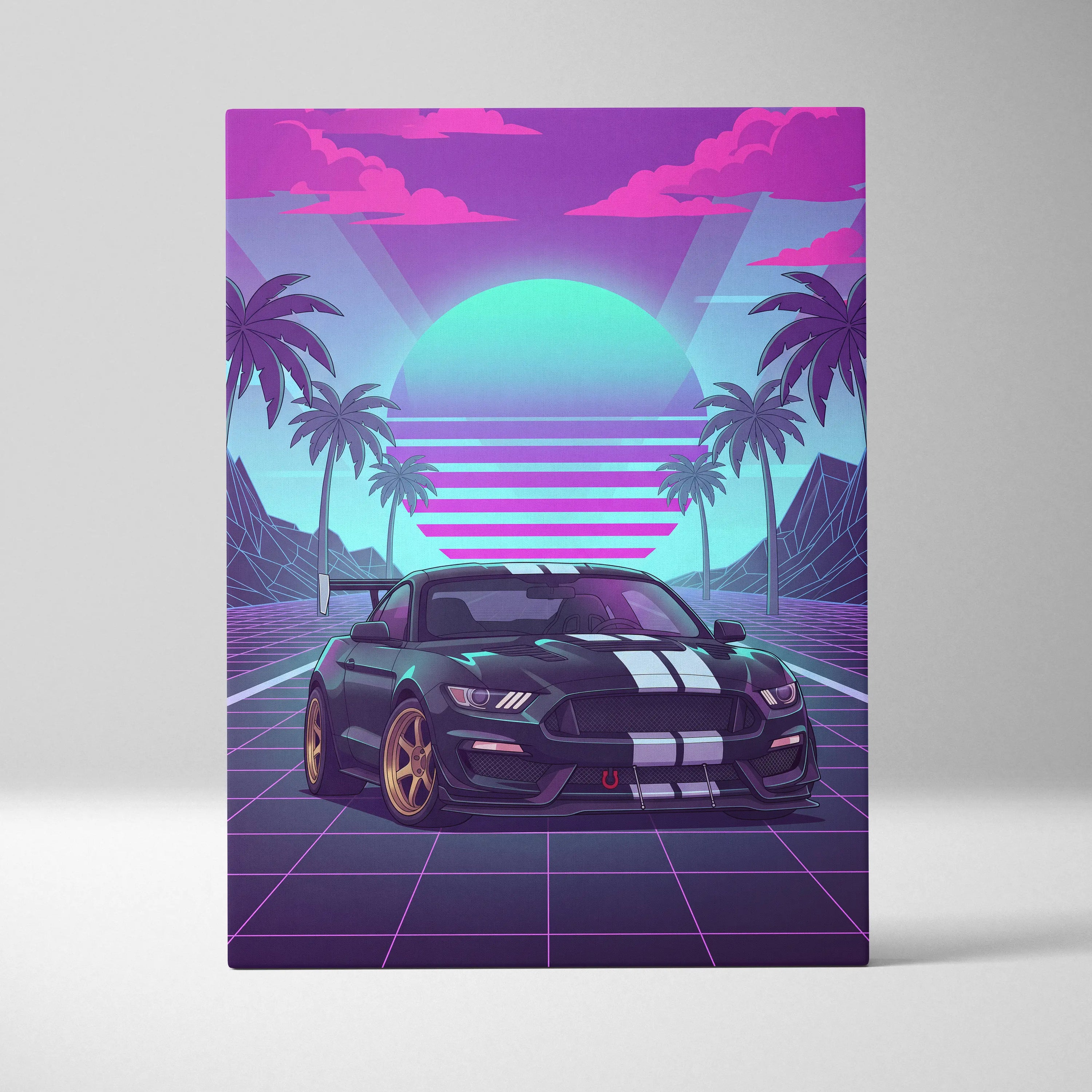 Ford Mustang GT350 Inspired Neon Palm Mirage Sunset - Vaporwave Car Art Neon Pink Teal Retro-Futuristic Nostalgic Canvas