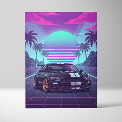 Ford Mustang GT350 Inspired Neon Palm Mirage Sunset - Vaporwave Car Art Neon Pink Teal Retro-Futuristic Nostalgic Canvas