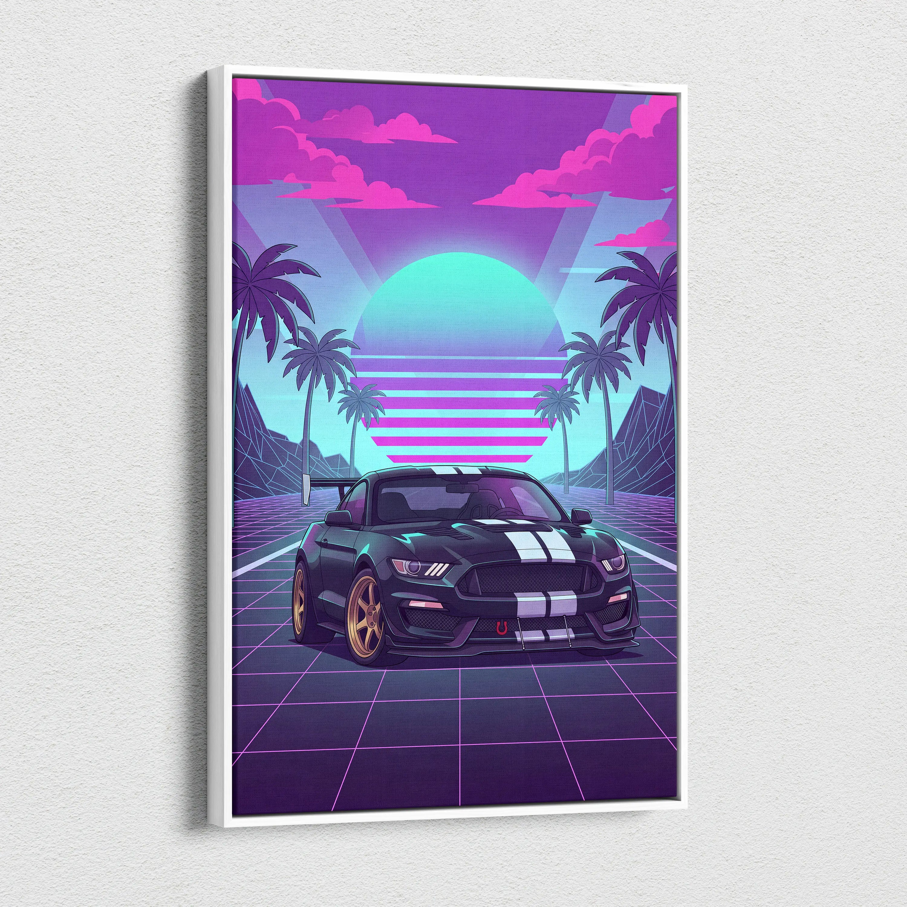 Ford Mustang GT350 Inspired Neon Palm Mirage Sunset - Vaporwave Car Art Neon Pink Teal Retro-Futuristic Nostalgic Canvas
