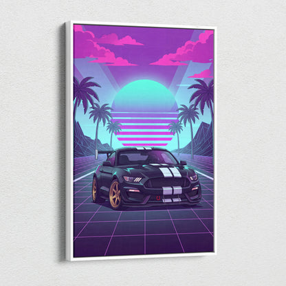 Ford Mustang GT350 Inspired Neon Palm Mirage Sunset - Vaporwave Car Art Neon Pink Teal Retro-Futuristic Nostalgic Canvas