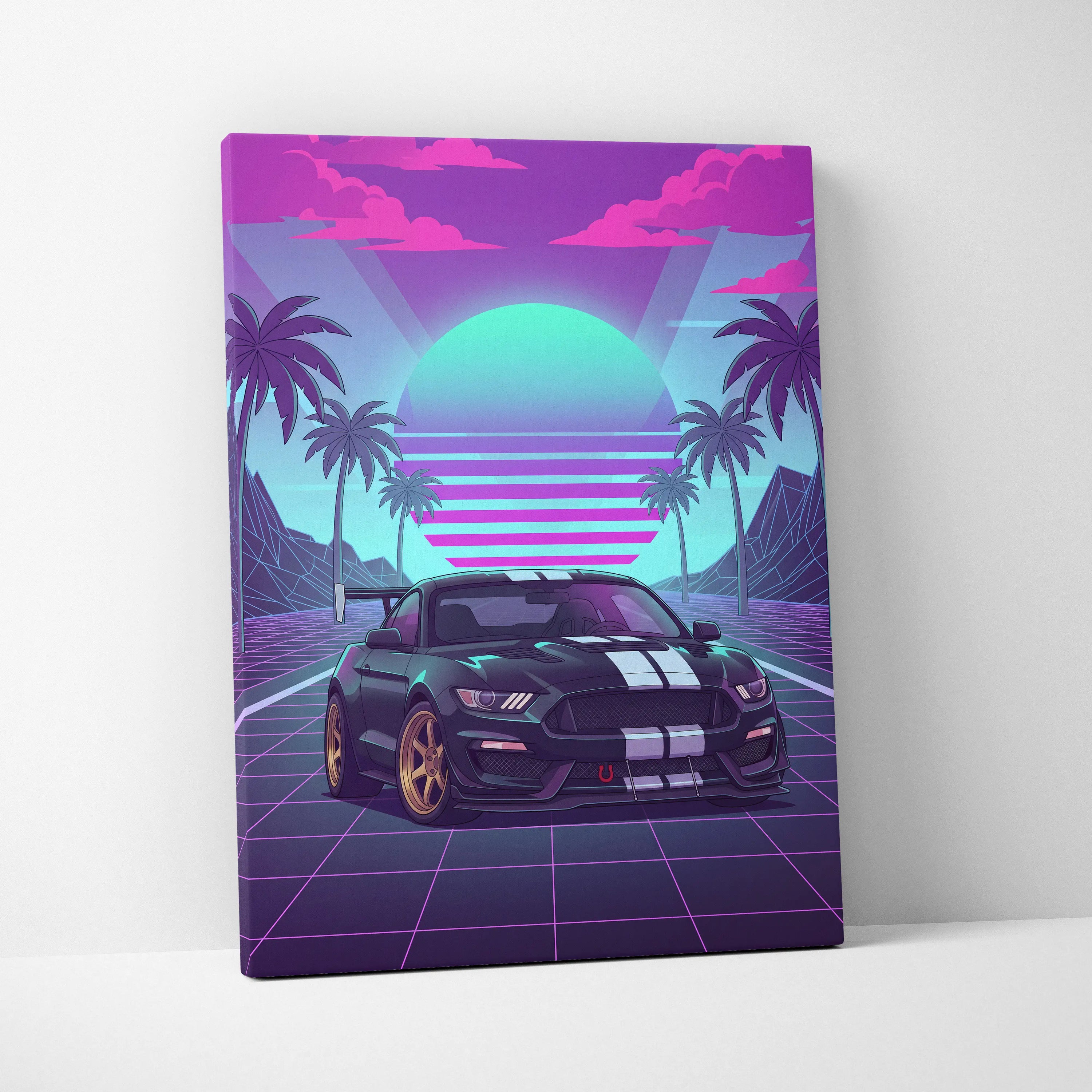 Ford Mustang GT350 Inspired Neon Palm Mirage Sunset - Vaporwave Car Art Neon Pink Teal Retro-Futuristic Nostalgic Canvas