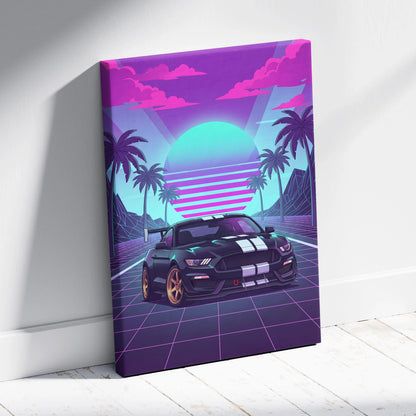 Ford Mustang GT350 Inspired Neon Palm Mirage Sunset - Vaporwave Car Art Neon Pink Teal Retro-Futuristic Nostalgic Canvas