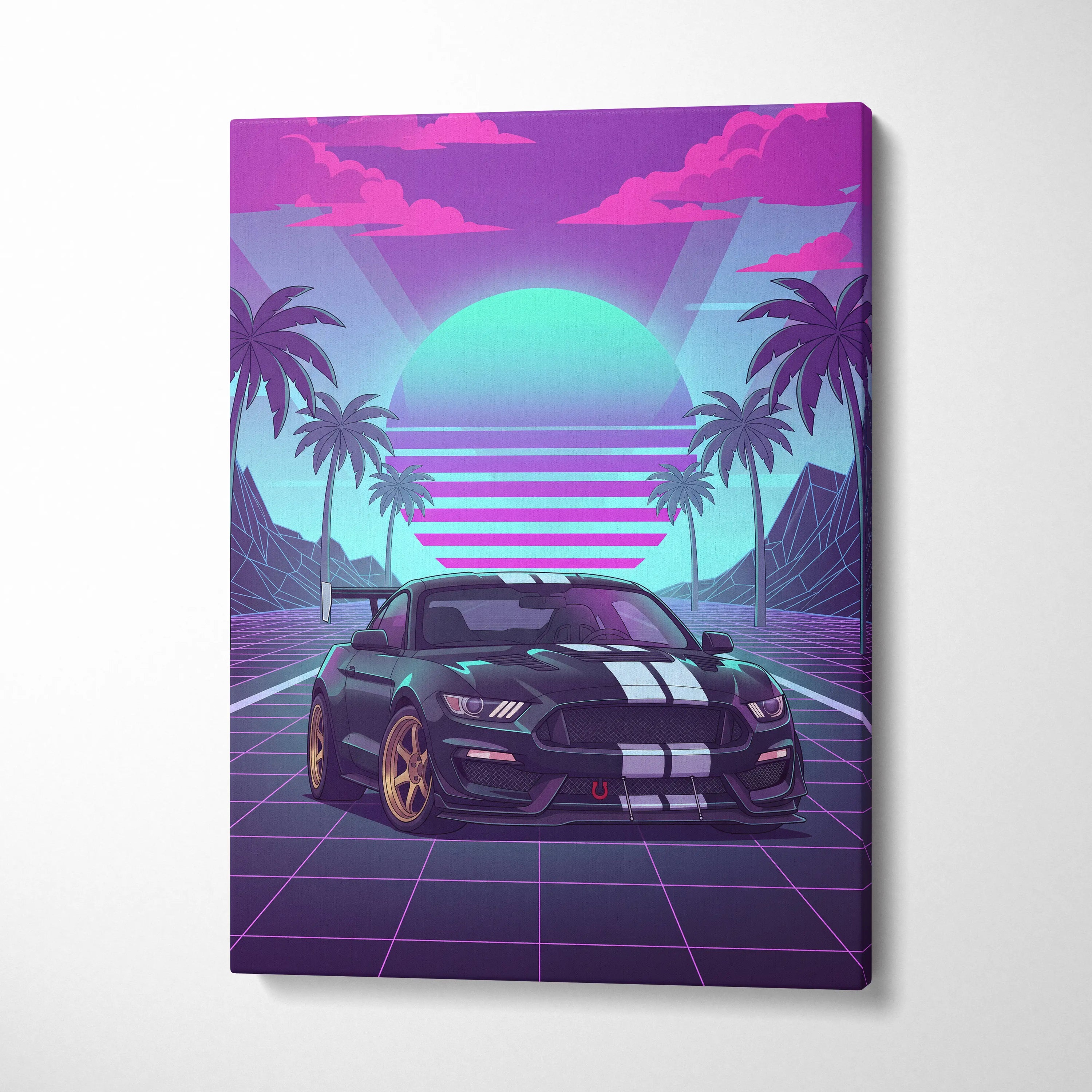 Ford Mustang GT350 Inspired Neon Palm Mirage Sunset - Vaporwave Car Art Neon Pink Teal Retro-Futuristic Nostalgic Canvas