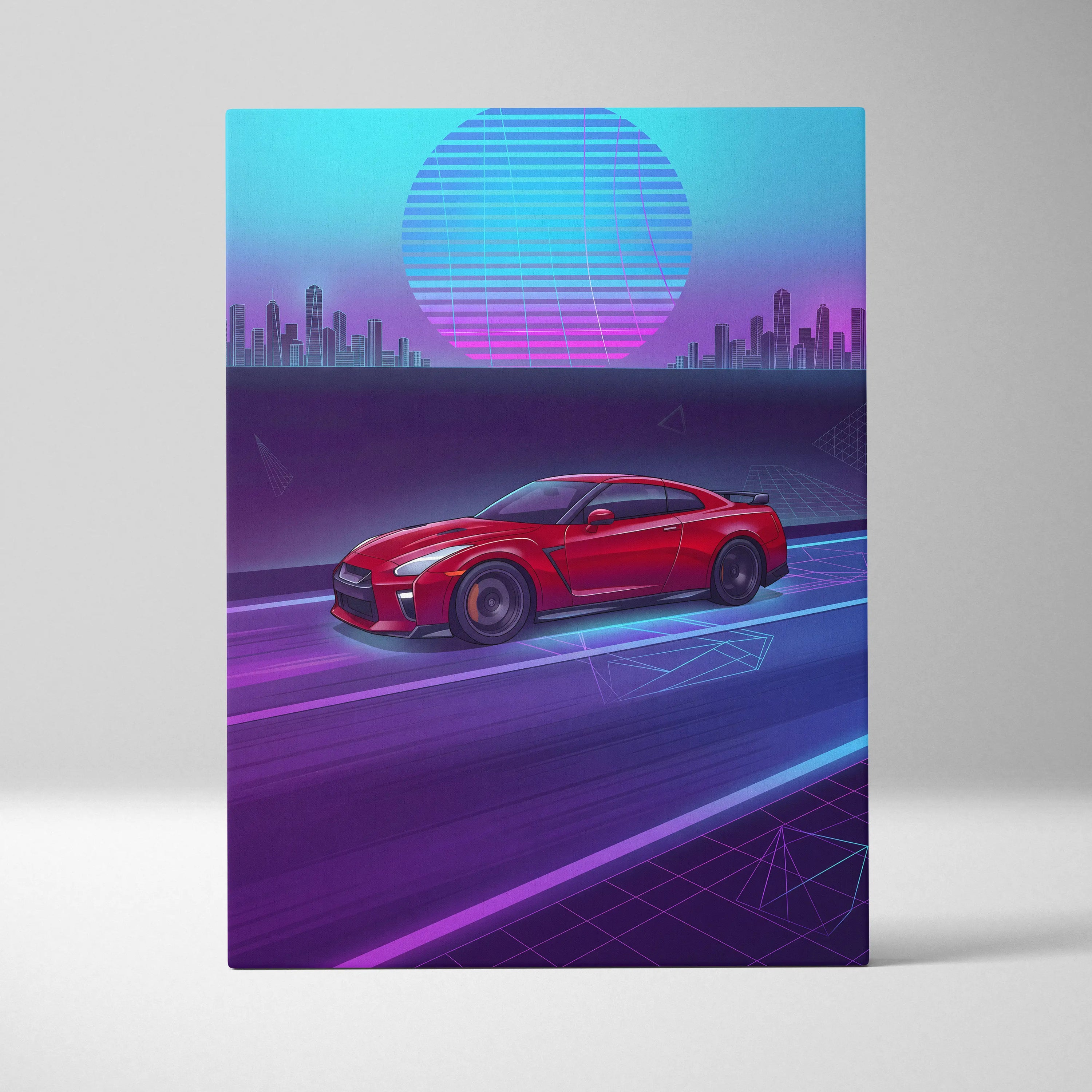 Nissan R35 GTR Inspired Neon Vaporwave Cityscape Canvas - Car Neon Blue Pink Purple Living Room Vaporwave Art