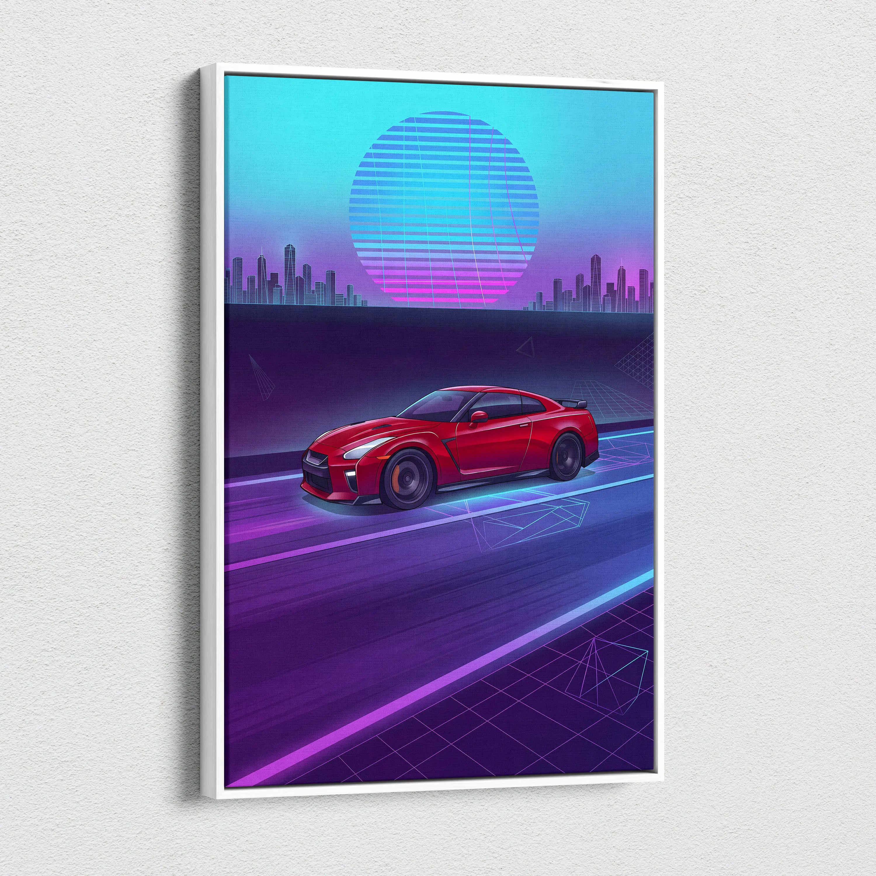Nissan R35 GTR Inspired Neon Vaporwave Cityscape Canvas - Car Neon Blue Pink Purple Living Room Vaporwave Art