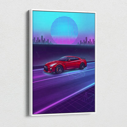 Nissan R35 GTR Inspired Neon Vaporwave Cityscape Canvas - Car Neon Blue Pink Purple Living Room Vaporwave Art