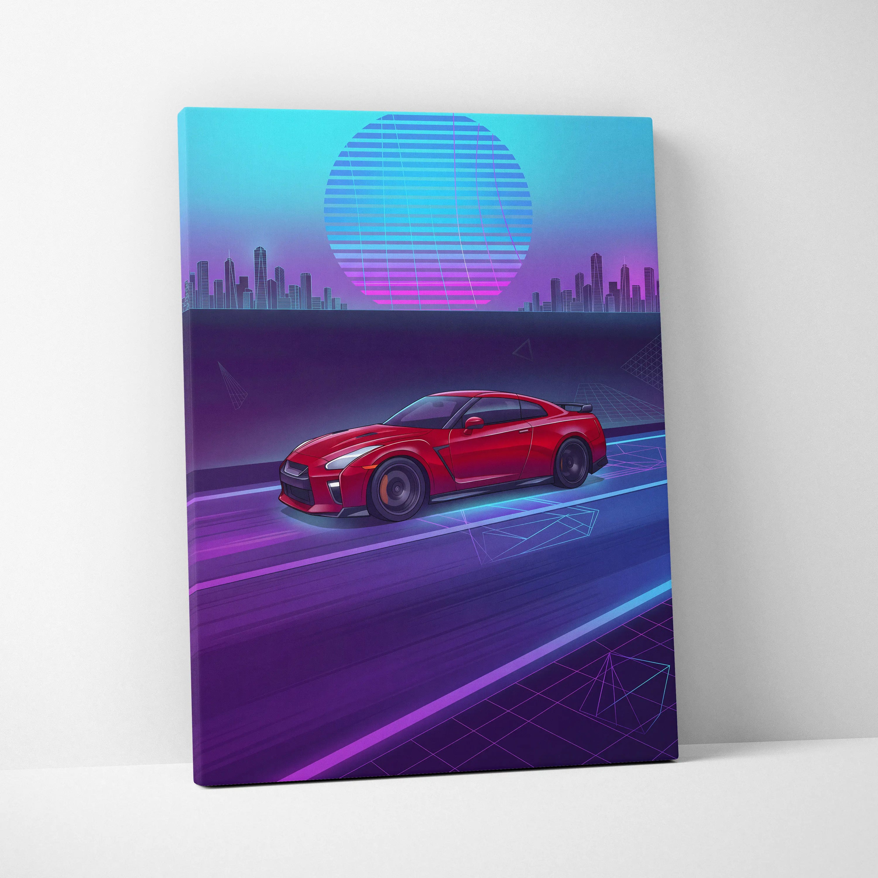 Nissan R35 GTR Inspired Neon Vaporwave Cityscape Canvas - Car Neon Blue Pink Purple Living Room Vaporwave Art