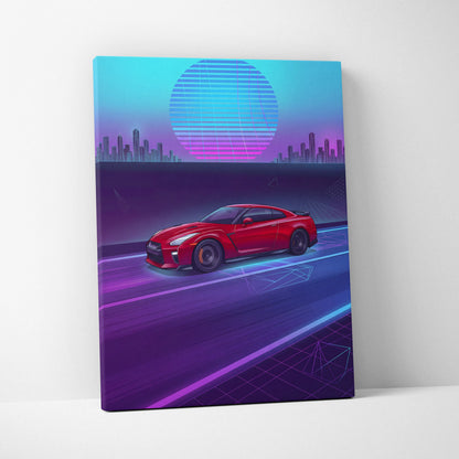 Nissan R35 GTR Inspired Neon Vaporwave Cityscape Canvas - Car Neon Blue Pink Purple Living Room Vaporwave Art