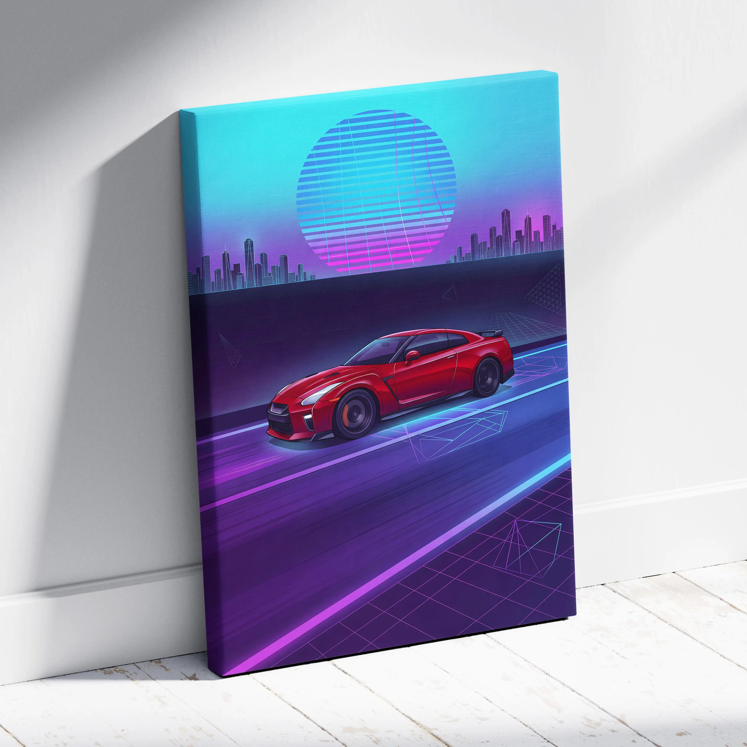 Nissan R35 GTR Inspired Neon Vaporwave Cityscape Canvas - Car Neon Blue Pink Purple Living Room Vaporwave Art