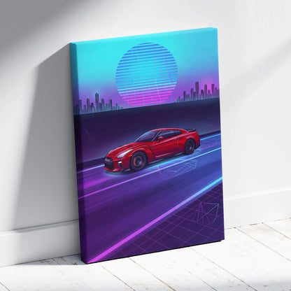 Nissan R35 GTR Inspired Neon Vaporwave Cityscape Canvas - Car Neon Blue Pink Purple Living Room Vaporwave Art