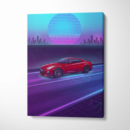Nissan R35 GTR Inspired Neon Vaporwave Cityscape Canvas - Car Neon Blue Pink Purple Living Room Vaporwave Art