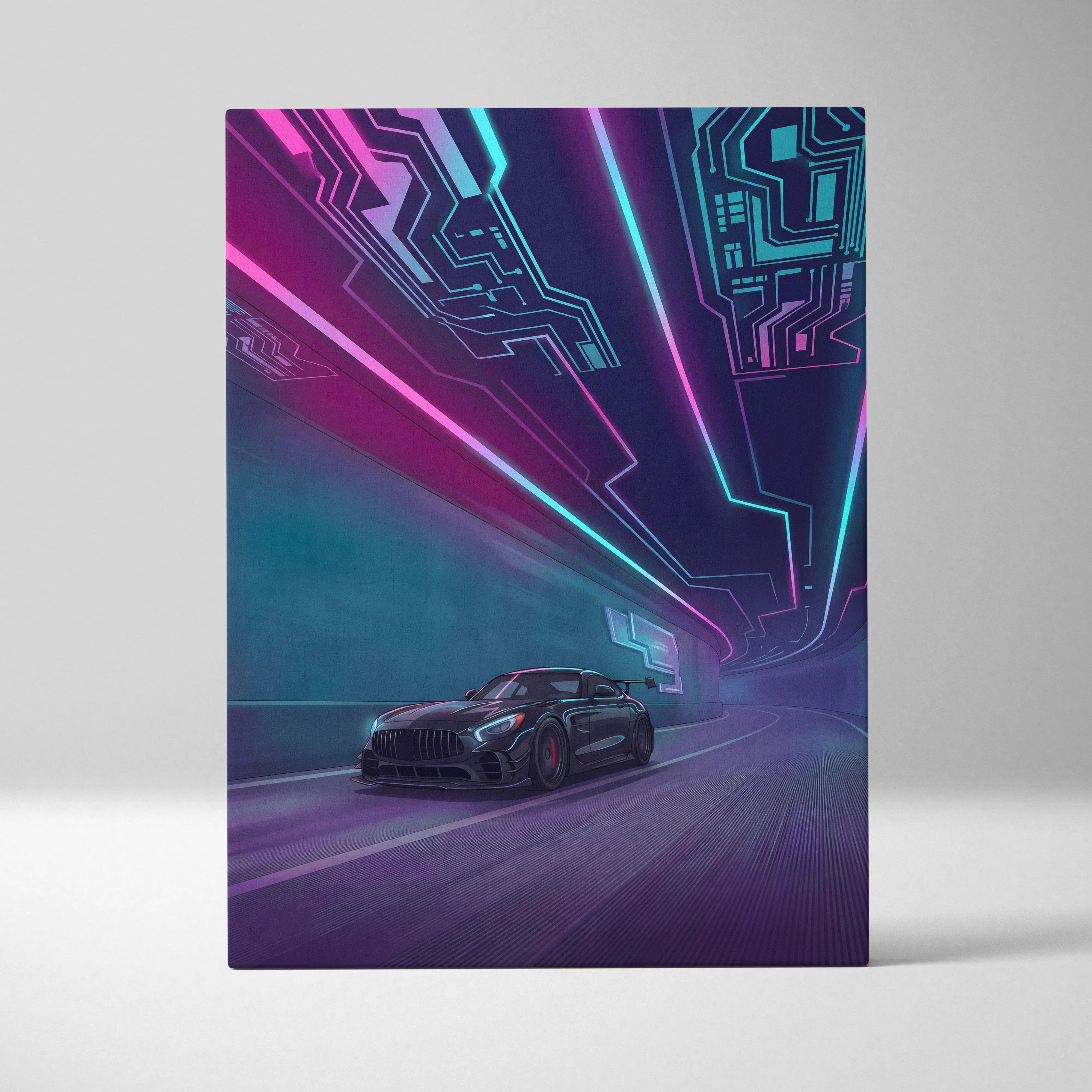 Mercedes AMG GTR Inspired Neon Vaporwave Circuit Canvas - Vaporwave Car Neon, Dreamy Mood Neon Wall Art Canvas