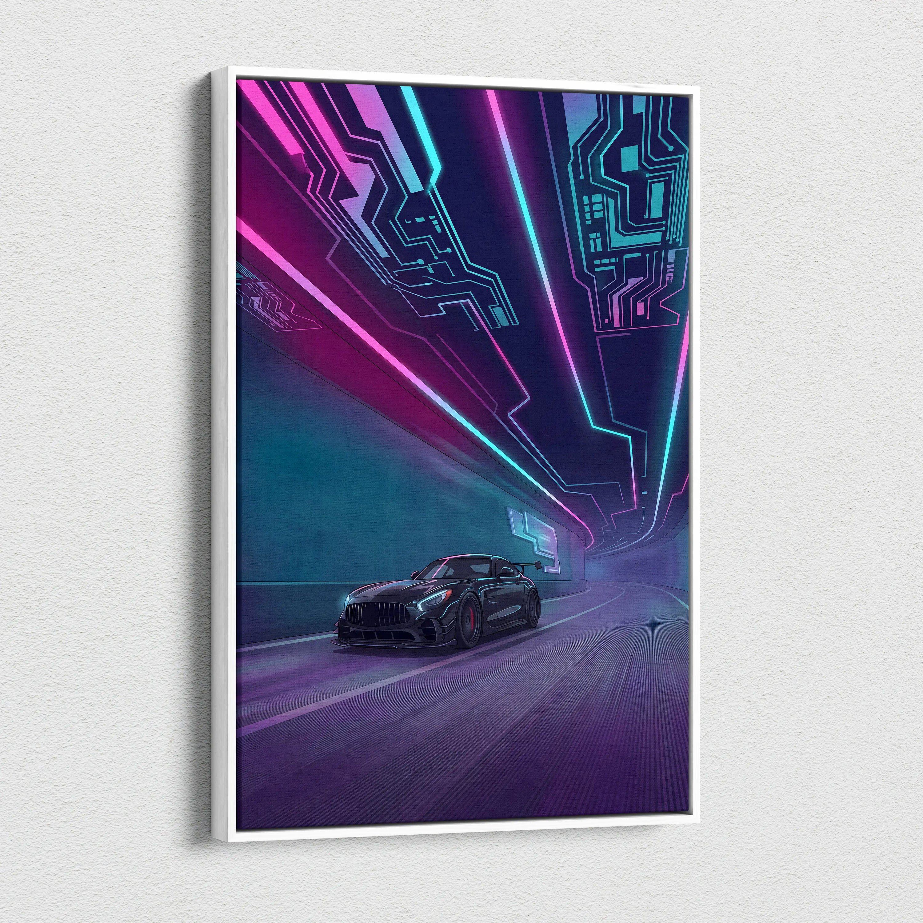 Mercedes AMG GTR Inspired Neon Vaporwave Circuit Canvas - Vaporwave Car Neon, Dreamy Mood Neon Wall Art Canvas