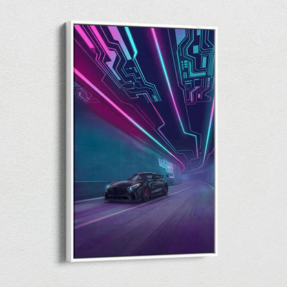 Mercedes AMG GTR Inspired Neon Vaporwave Circuit Canvas - Vaporwave Car Neon, Dreamy Mood Neon Wall Art Canvas