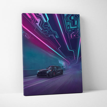 Mercedes AMG GTR Inspired Neon Vaporwave Circuit Canvas - Vaporwave Car Neon, Dreamy Mood Neon Wall Art Canvas