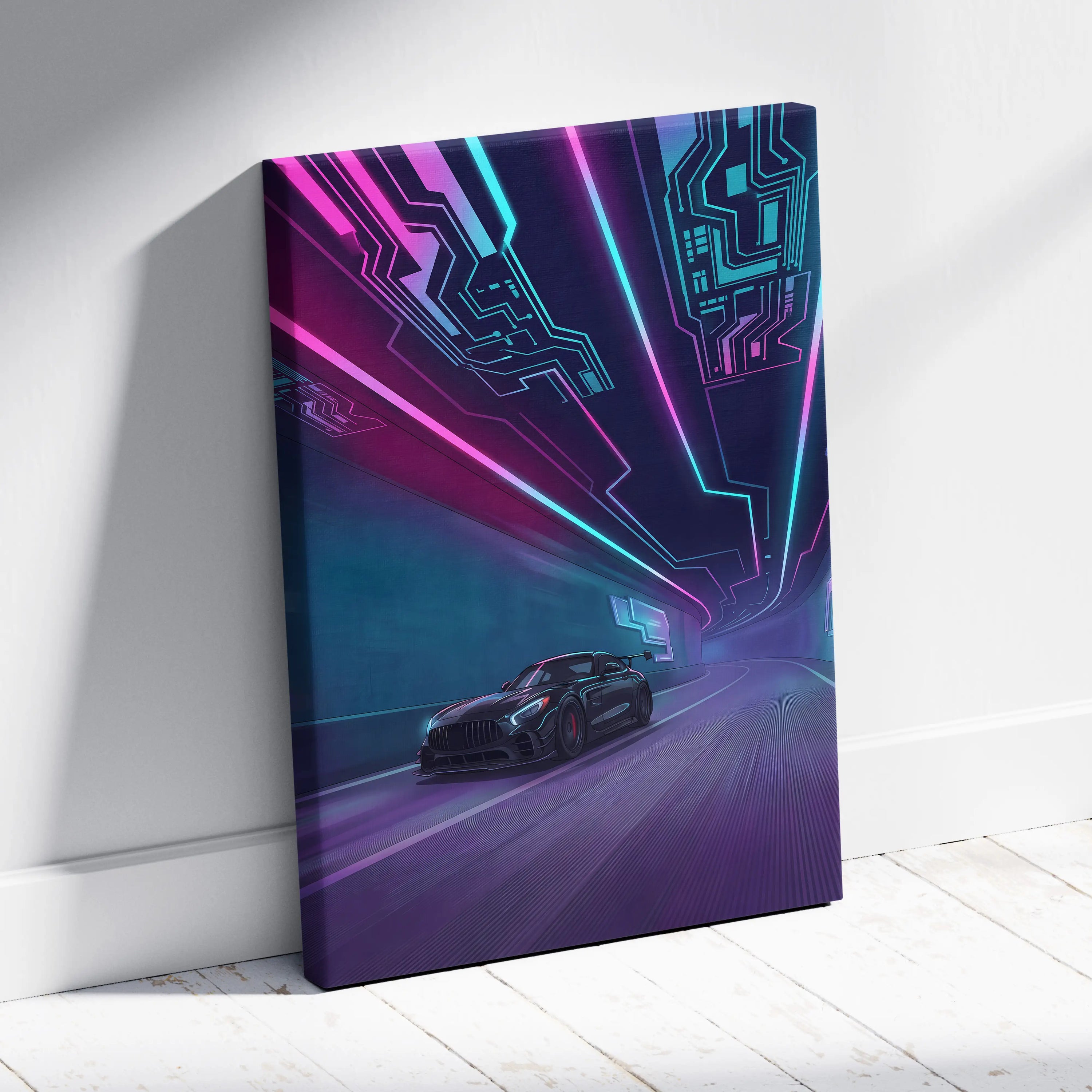 Mercedes AMG GTR Inspired Neon Vaporwave Circuit Canvas - Vaporwave Car Neon, Dreamy Mood Neon Wall Art Canvas