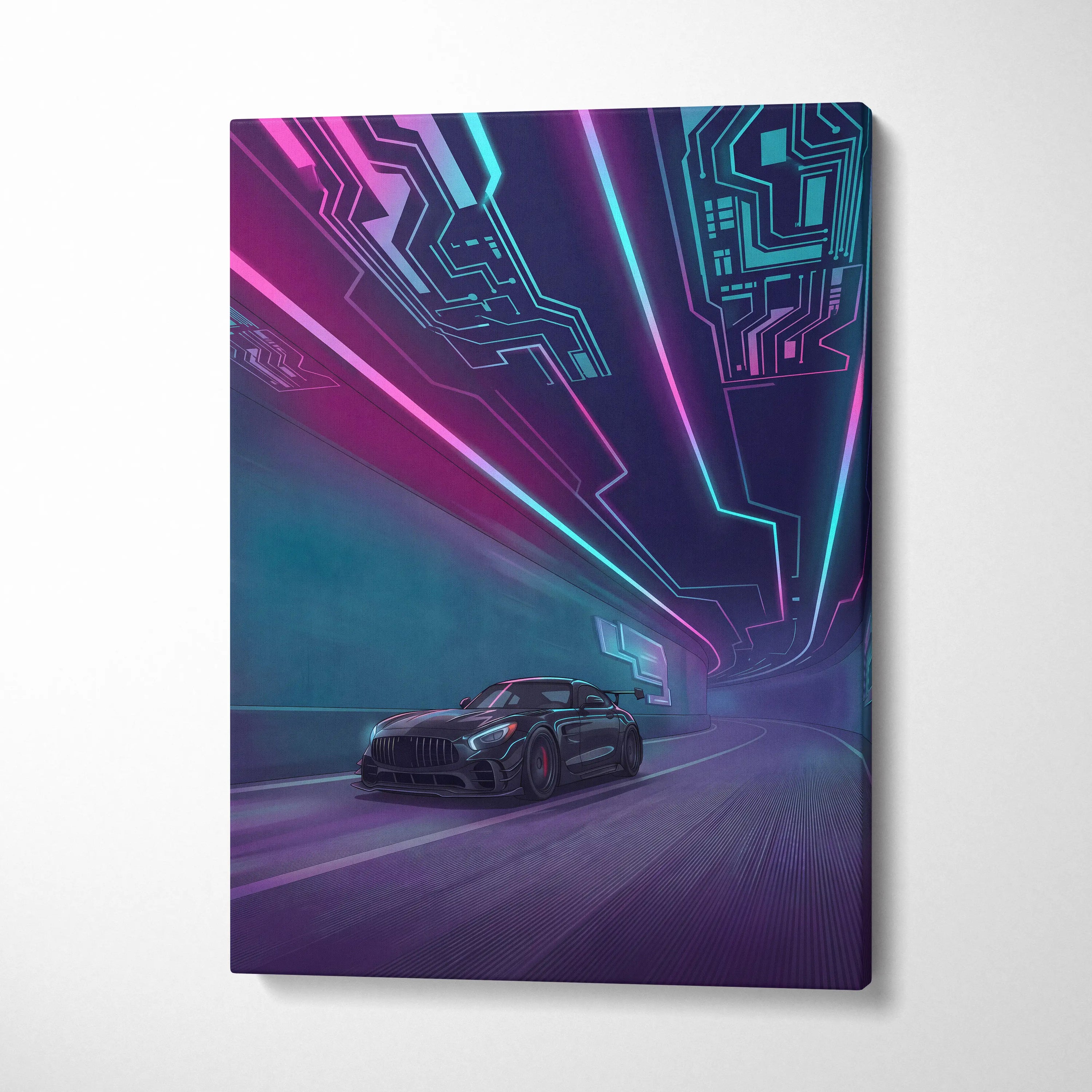 Mercedes AMG GTR Inspired Neon Vaporwave Circuit Canvas - Vaporwave Car Neon, Dreamy Mood Neon Wall Art Canvas