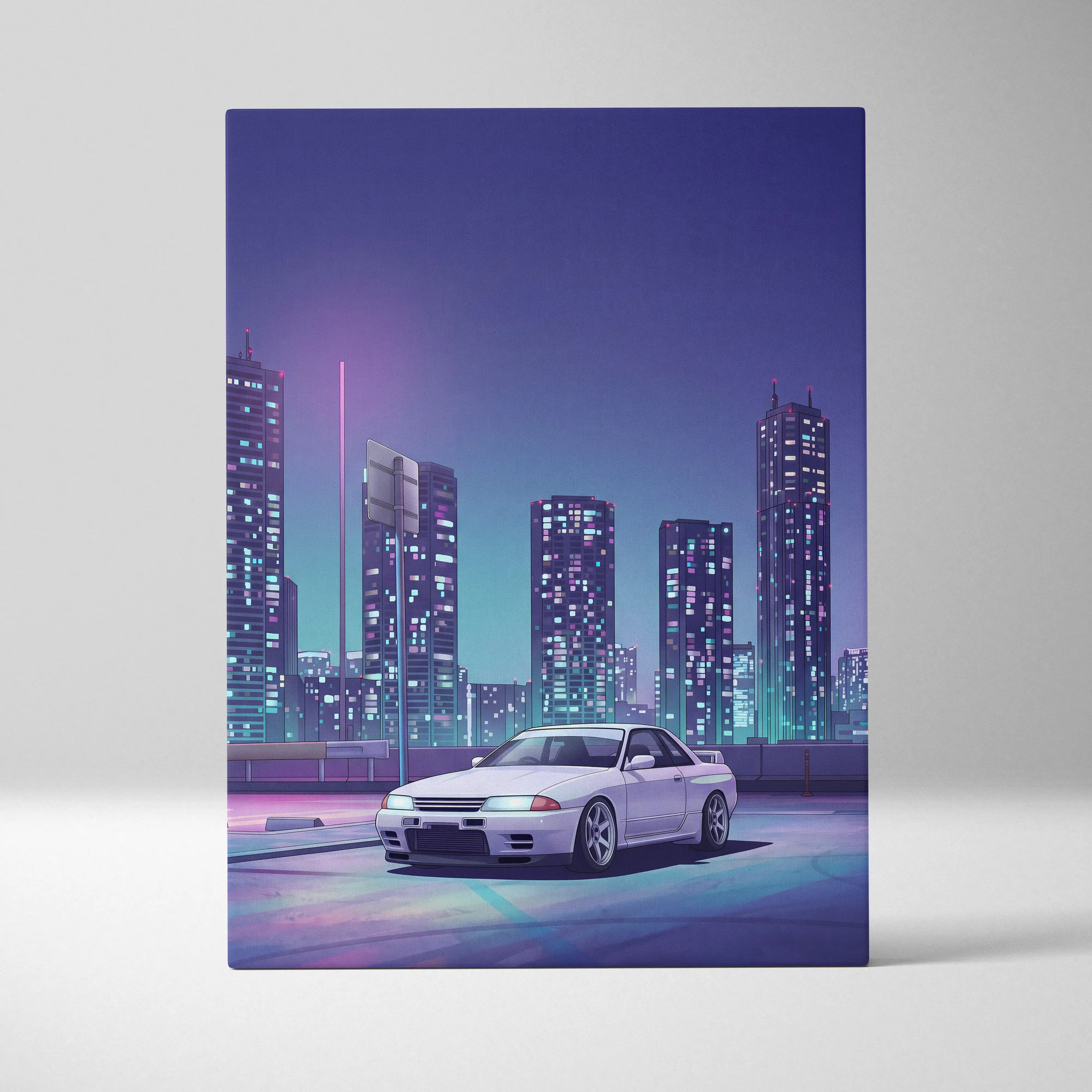 Nissan Skyline GT-R R32 Inspired White Purple Canvas Wall Art Vaporwave Night City JDM Car Artwork, Neon Skyline Garage Decor