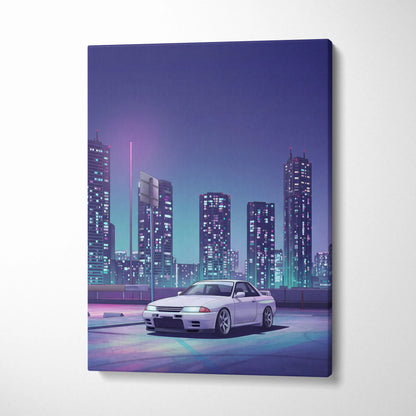 Nissan Skyline GT-R R32 Inspired White Purple Canvas Wall Art Vaporwave Night City JDM Car Artwork, Neon Skyline Garage Decor