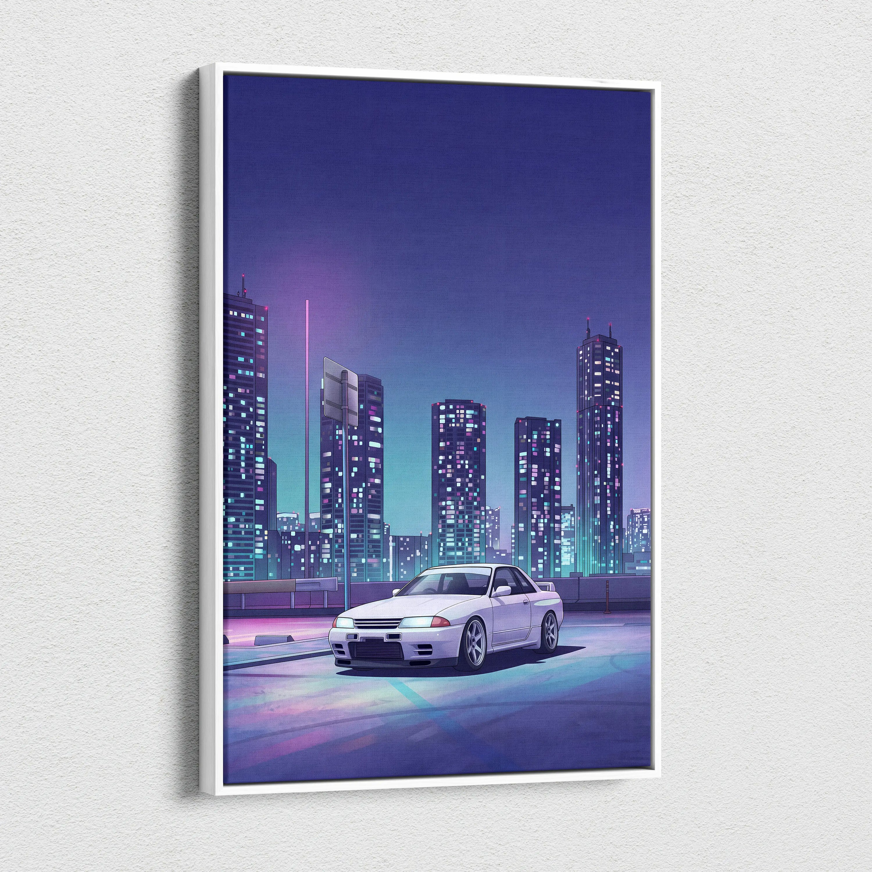 Nissan Skyline GT-R R32 Inspired White Purple Canvas Wall Art Vaporwave Night City JDM Car Artwork, Neon Skyline Garage Decor