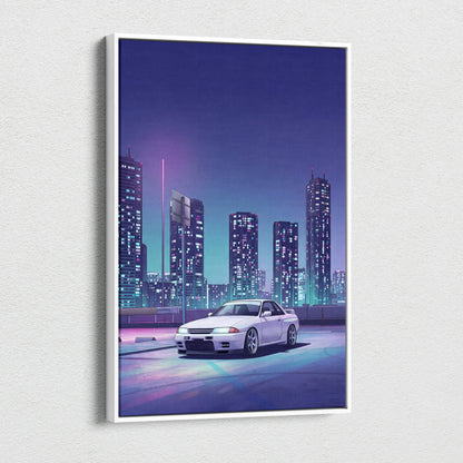 Nissan Skyline GT-R R32 Inspired White Purple Canvas Wall Art Vaporwave Night City JDM Car Artwork, Neon Skyline Garage Decor