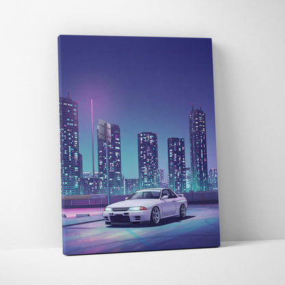 Nissan Skyline GT-R R32 Inspired White Purple Canvas Wall Art Vaporwave Night City JDM Car Artwork, Neon Skyline Garage Decor