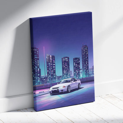 Nissan Skyline GT-R R32 Inspired White Purple Canvas Wall Art Vaporwave Night City JDM Car Artwork, Neon Skyline Garage Decor