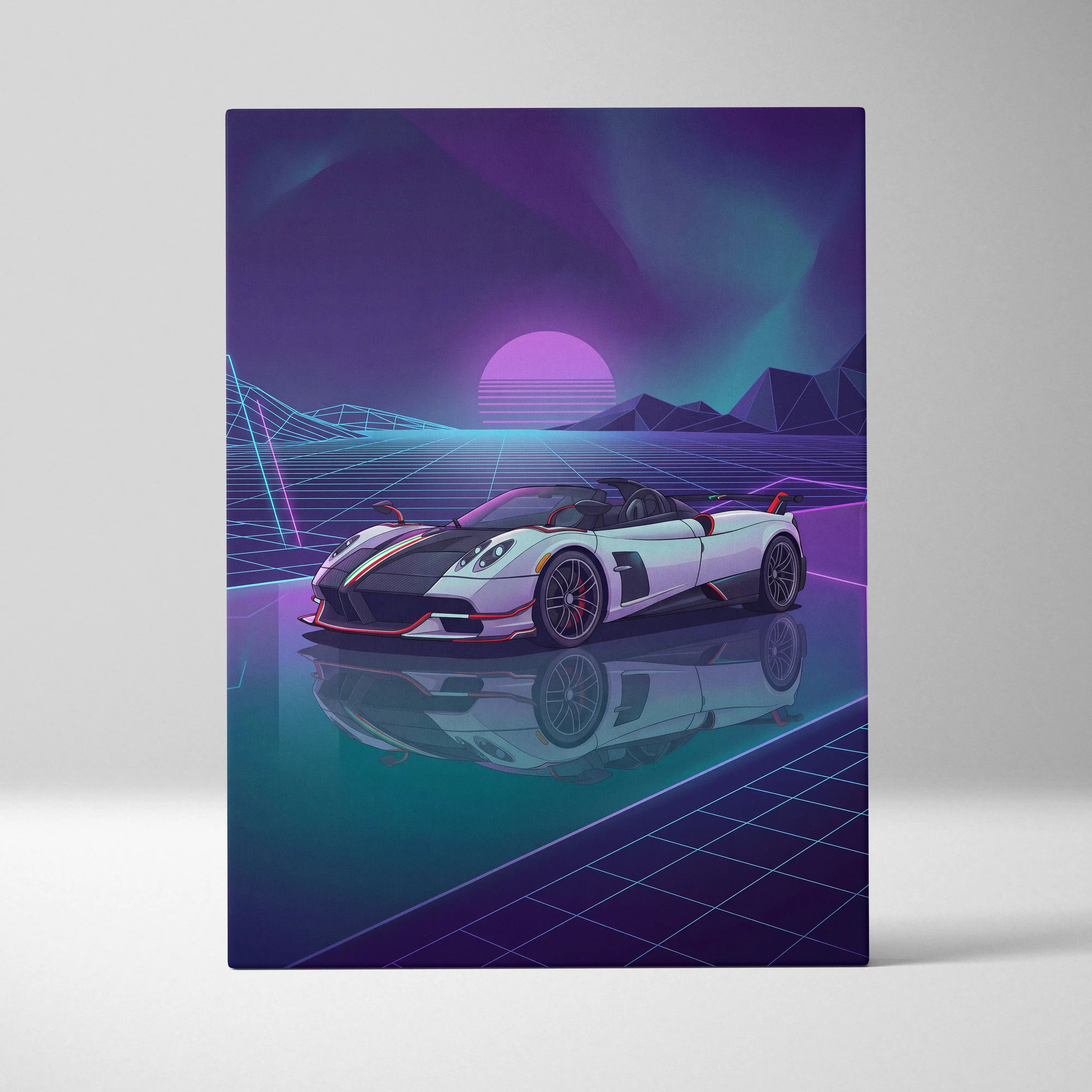 Pagani Zonda Roadster Inspired White Purple Canvas Wall Art Vaporwave Neon Grid Hypercar Artwork, Retro Futuristic Garage Decor