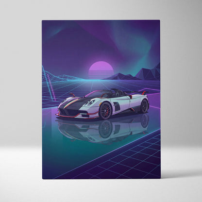 Pagani Zonda Roadster Inspired White Purple Canvas Wall Art Vaporwave Neon Grid Hypercar Artwork, Retro Futuristic Garage Decor