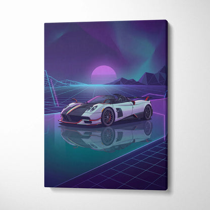 Pagani Zonda Roadster Inspired White Purple Canvas Wall Art Vaporwave Neon Grid Hypercar Artwork, Retro Futuristic Garage Decor