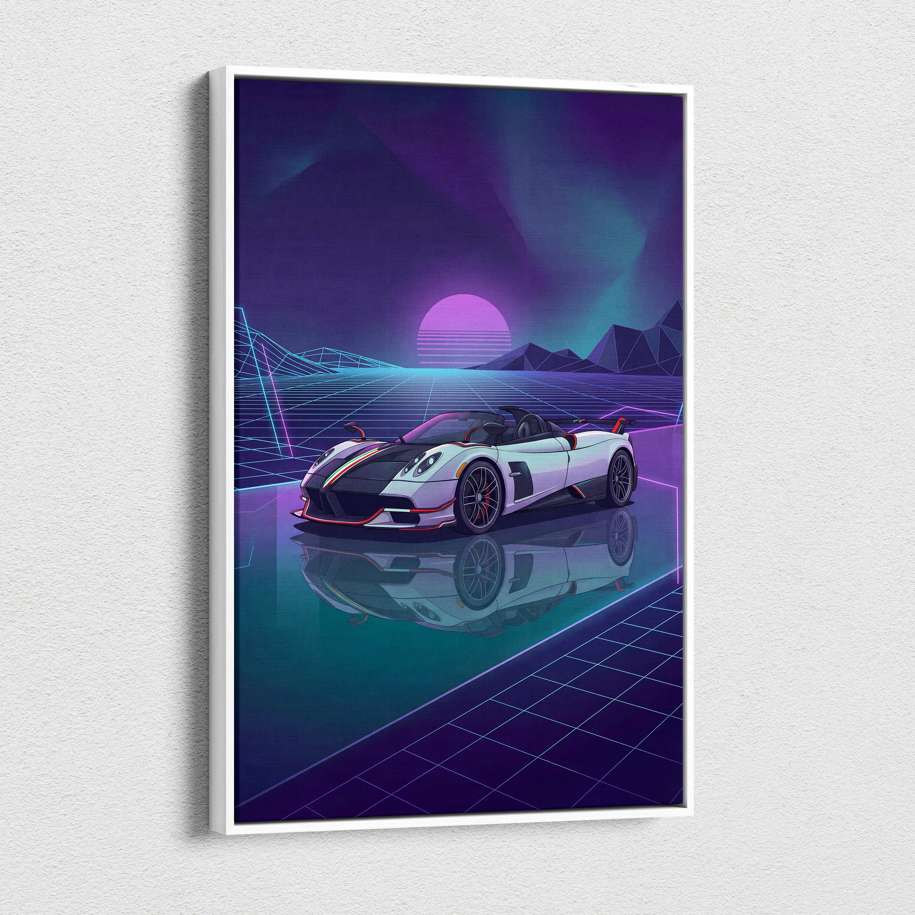 Pagani Zonda Roadster Inspired White Purple Canvas Wall Art Vaporwave Neon Grid Hypercar Artwork, Retro Futuristic Garage Decor