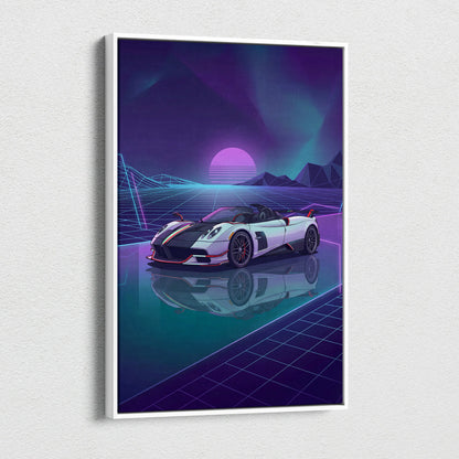 Pagani Zonda Roadster Inspired White Purple Canvas Wall Art Vaporwave Neon Grid Hypercar Artwork, Retro Futuristic Garage Decor