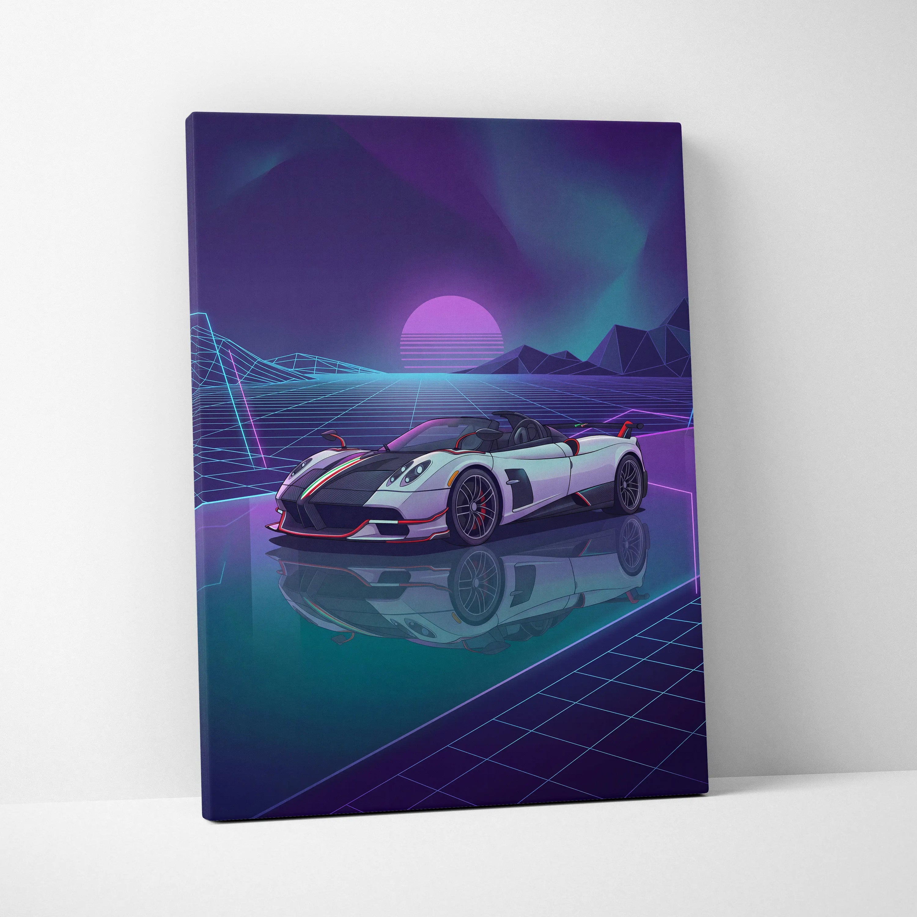 Pagani Zonda Roadster Inspired White Purple Canvas Wall Art Vaporwave Neon Grid Hypercar Artwork, Retro Futuristic Garage Decor
