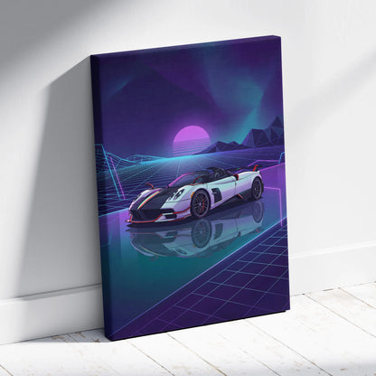 Pagani Zonda Roadster Inspired White Purple Canvas Wall Art Vaporwave Neon Grid Hypercar Artwork, Retro Futuristic Garage Decor