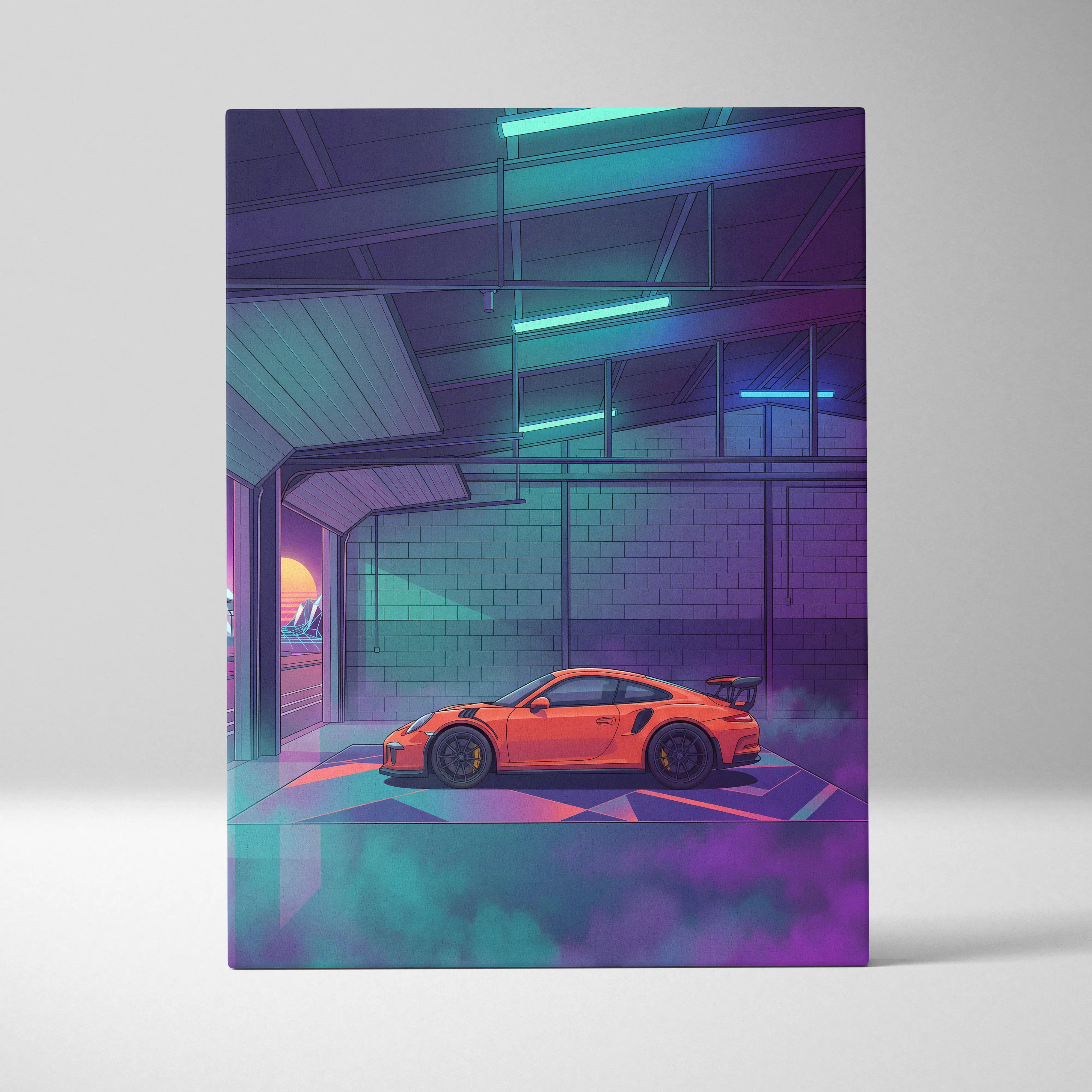Porsche 911 GT3 RS Inspired Orange Purple Canvas Wall Art Vaporwave Neon Garage Sports Car Artwork, Cyberpunk Sunset Motorsport Decor